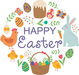 Fototapeta premium Round banner or card with rabbit, hen, chickens, Easter eggs, cake, basket, flowers and leaves. Happy Easter day cute design 