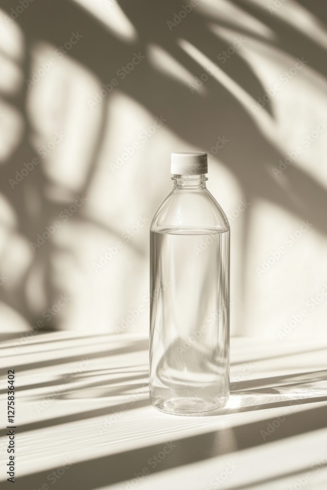 Poster transparent bottle on a surface with soft shadows and vertical framing