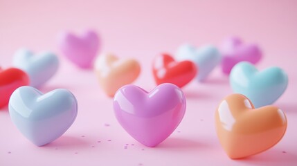 Obraz premium 3D cartoon collection of colorful heart-shaped toys on a soft pink background. Perfect for Valentineâ€™s and Motherâ€™s Day decor. 