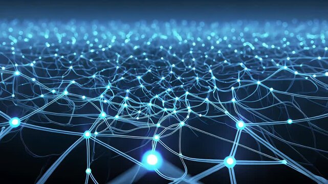 Futuristic digital network with glowing blue nodes and interconnected lines forming an abstract grid

