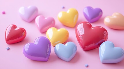 Obraz premium 3D cartoon collection of colorful heart-shaped toys on a soft pink background. Perfect for Valentineâ€™s and Motherâ€™s Day decor. 