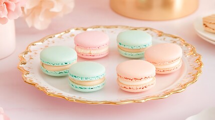 Delicious pastel colored macarons on a decorative plate.