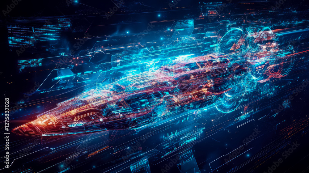 Poster futuristic spaceship blueprint: intricate data flow concept, sci-fi schematic for technological adva