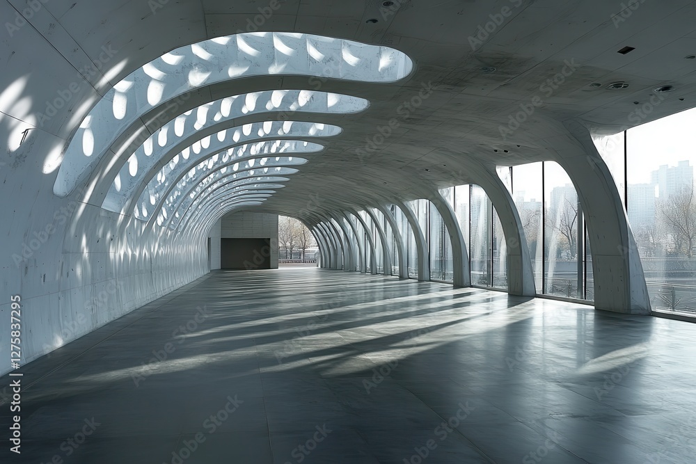 Poster a contemporary urban art gallery with large open spaces, a spacious building interior featuring larg