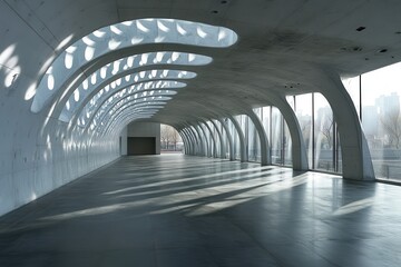 Obraz premium A contemporary urban art gallery with large open spaces, A spacious building interior featuring large windows that allow ample natural light to illuminate the space.