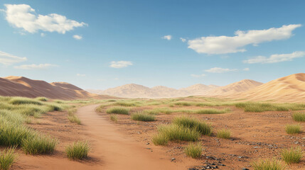 Fototapeta premium Landscape of sand desert with road in Africa. Wilderness land scene with empty old asphalt highway, sand dunes, grass and stones, vector cartoon illustration