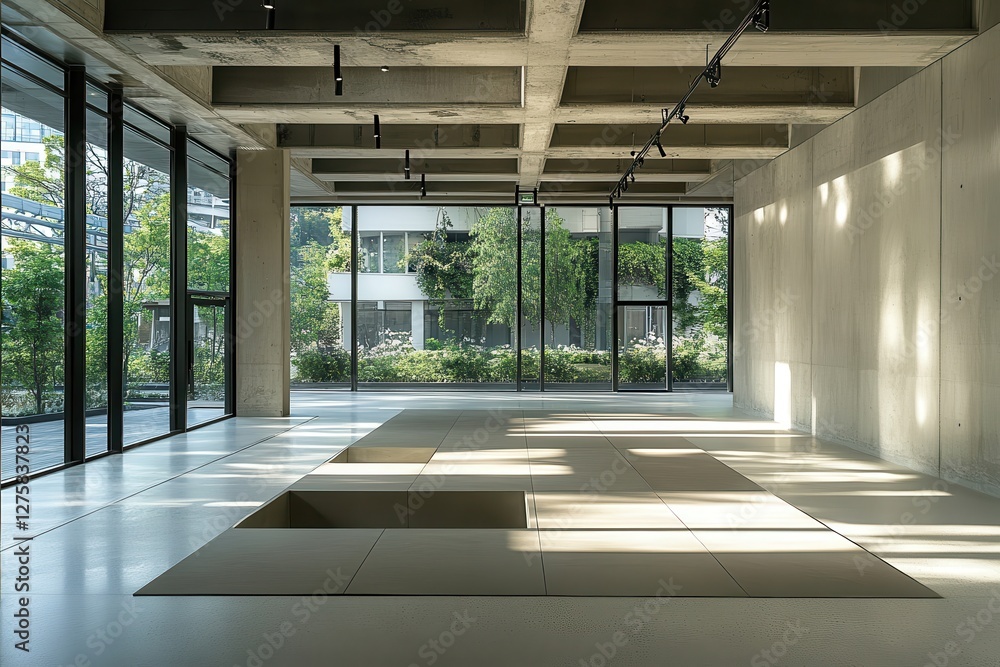 Poster a contemporary urban art gallery with large open spaces, a spacious building interior featuring larg