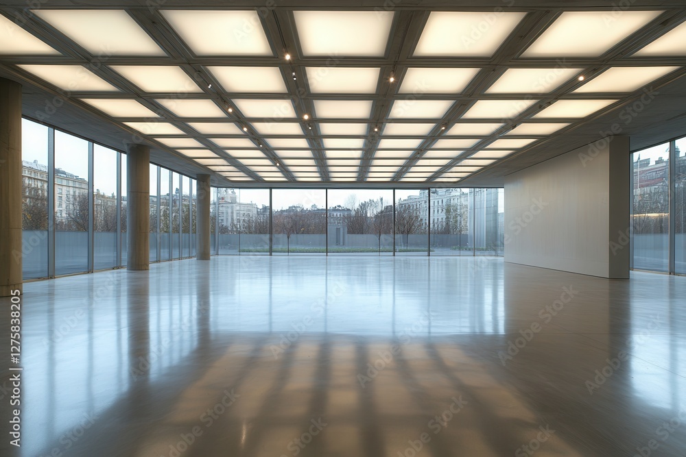 Poster a contemporary urban art gallery with large open spaces, a spacious building interior featuring larg
