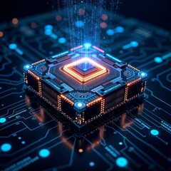 Illuminated CPU Processor in Amber and Blue Representing Digital Intelligence