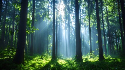Obraz premium Sunbeams in a misty forest