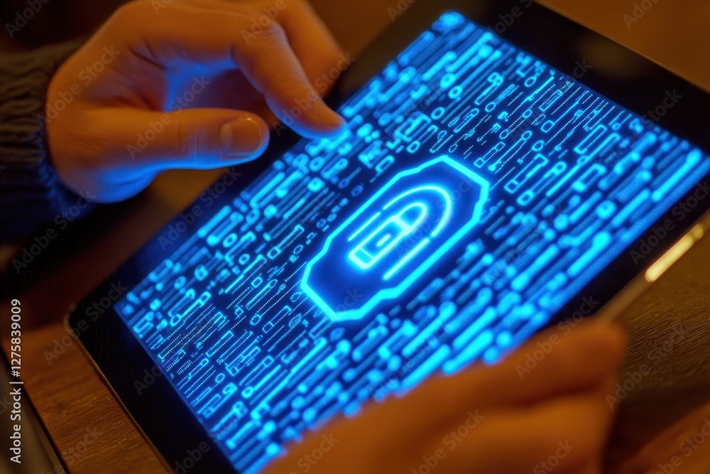 Aufkleber hands interacting with digital tablet displaying cybersecurity concept