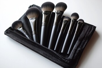 Professional set of makeup brushes with sleek black handles in a black case, perfect tools for achieving flawless beauty looks for makeup enthusiasts and artists.