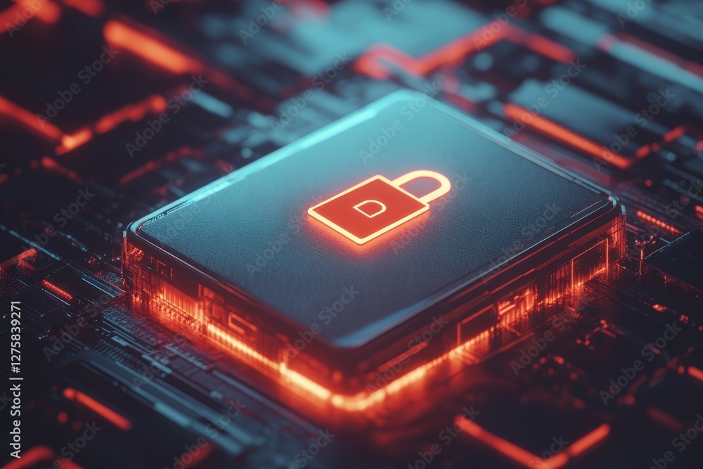 Poster digital lock icon on circuit board with glowing neon elements