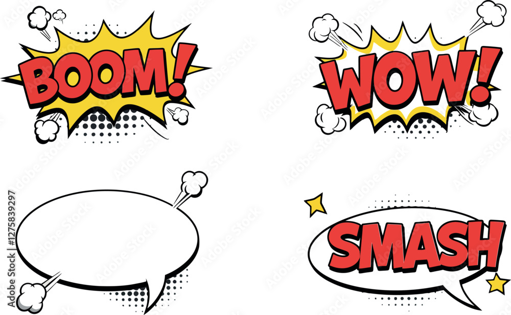 Poster colorful comic-style speech bubbles with dynamic text elements in flat vector art