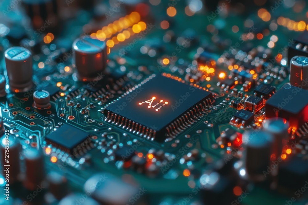 Aufkleber circuit board with ai chip illuminated in a tech environment