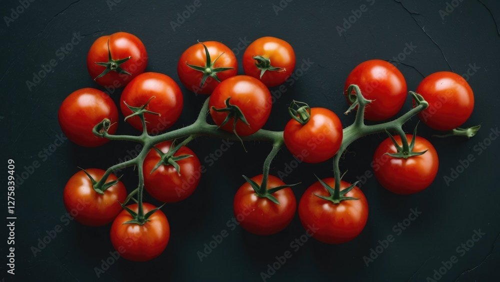 Poster macro shot of a branch of ripe red tomatoes on a dark background showcasing fresh vegetables with co