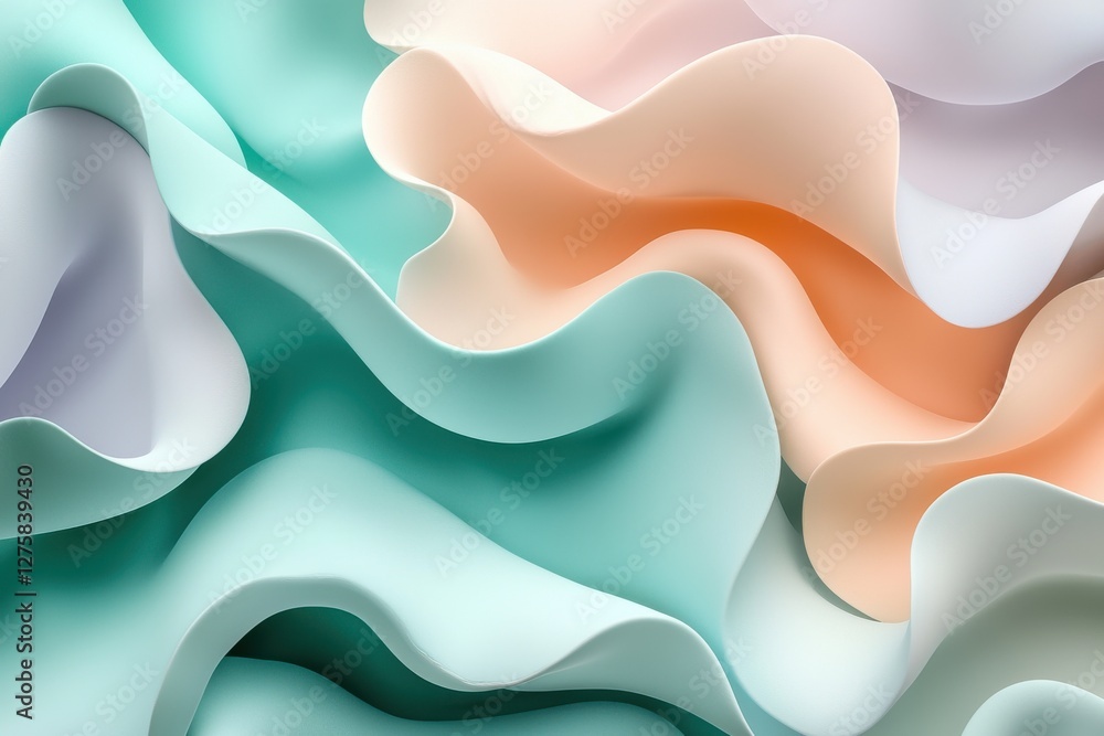 Poster an abstract background featuring smooth, flowing pastel waves of turquoise, peach, and lavender, cre