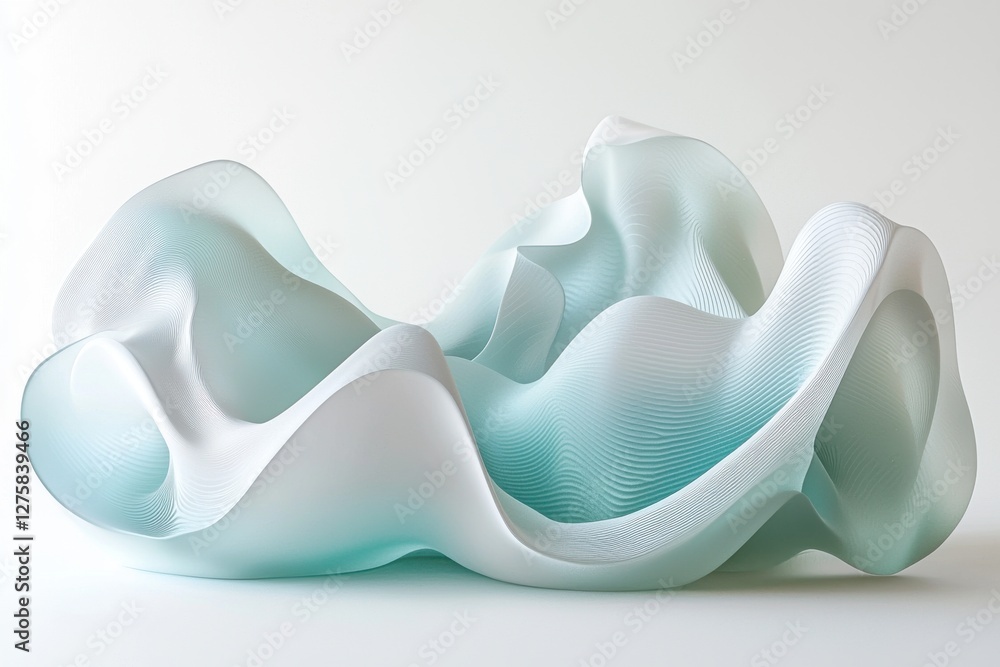 Poster elegant abstract sculpture with flowing lines in translucent blue and white hues, creating a mesmeri