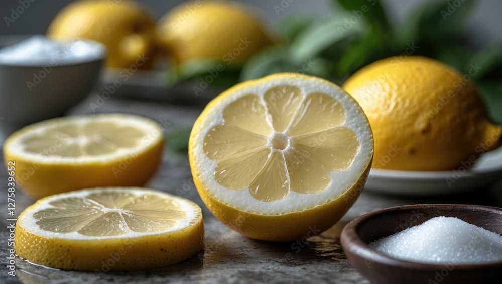 Poster freshly sliced lemon with whole fruit and sugar bowl in the background ideal for culinary or health 