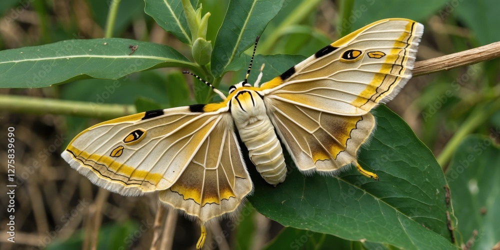 Poster vibrant northern armyworm moth perched on green leaves showcasing intricate wing patterns in spring 