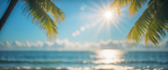 Serene Tropical Summer Background with Sunlight Glare on Water and Palm Leaves, Ideal for Vacation Themes and Nature-Inspired Designs