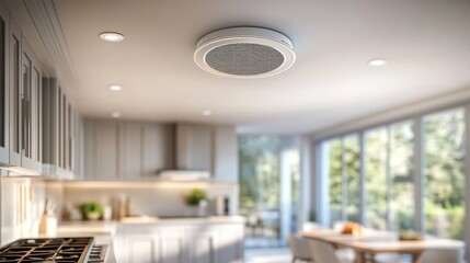 Modern Kitchen With Focus On Ceiling Mounted Smoke Detector, Natural Light, And Sleek Design