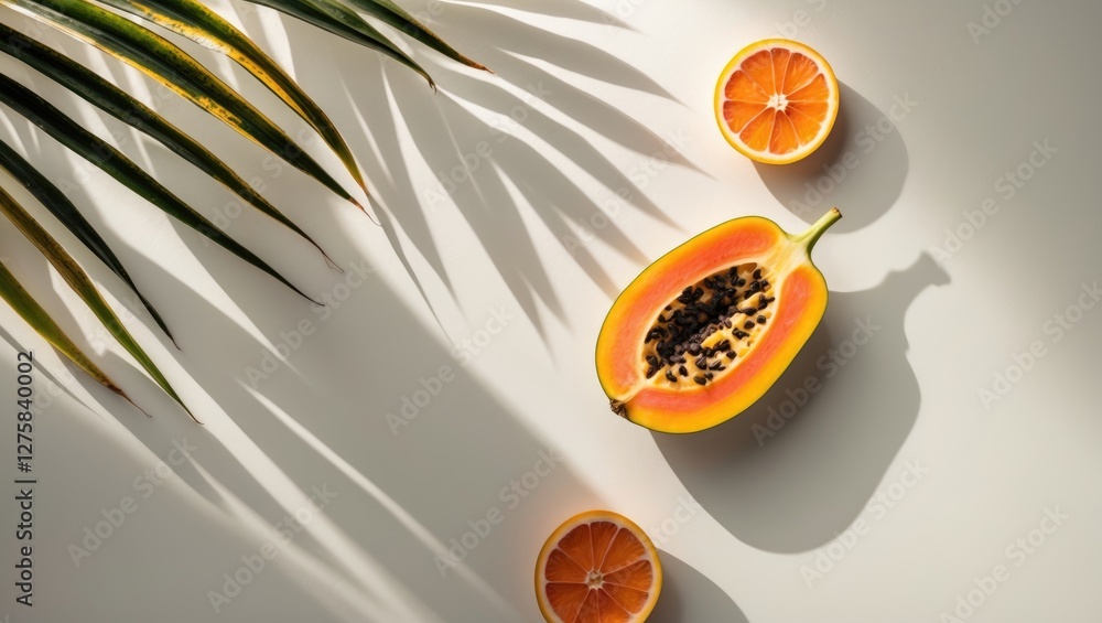 Poster minimalist summer background featuring papaya orange slices and palm leaf creating strong shadows wi