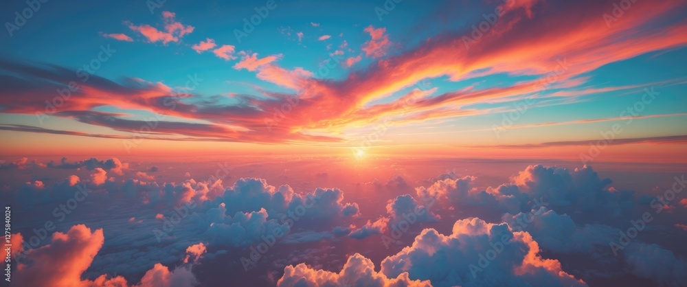Poster aerial view of vibrant colorful clouds at sunset with dramatic gradient sky and bright sunlight in a