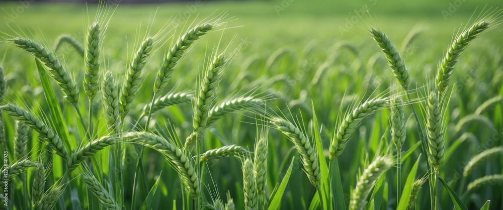 Poster lush green wheat fields in spring with sunlit grass and copious empty space for text and design elem