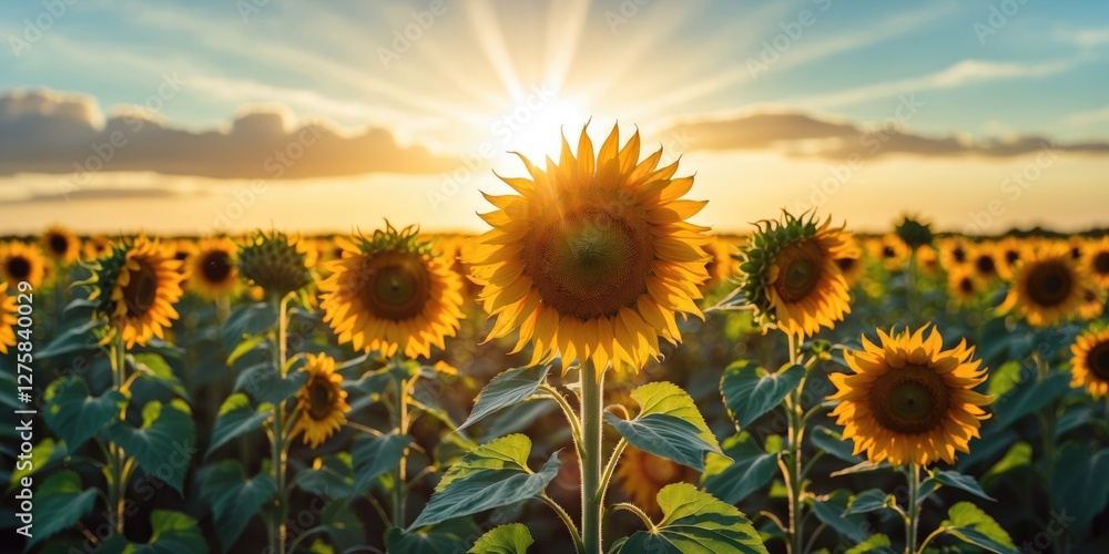 Poster sunset over vibrant sunflower field illuminated by golden rays with ample copy space for text and ca
