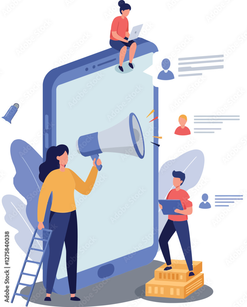 Poster engaging digital marketing scene with characters using devices in flat vector art