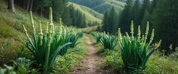 Footpath Surrounded By Wild Bear Leek In Lush Forest Hills Creating A Serene Natural Atmosphere With Unique Aromatic Flora.