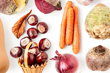 Organic autumn vegetable composition isolated on white background photography.