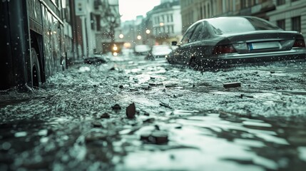 Urban flood macro photography in desaturated tones with debris