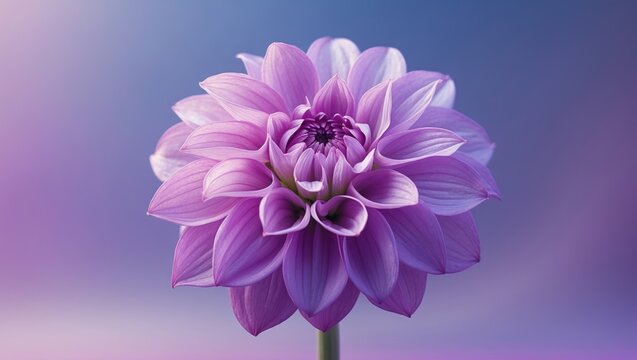 Close-up of a vibrant purple dahlia flower in full bloom with delicate petals against a soft gradient background and ample space for text.