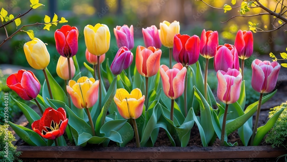 Poster vibrant tulip garden displaying a colorful arrangement with lush green leaves and space for text ove