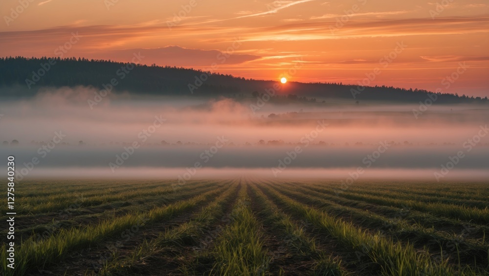 Poster serene sunset over a foggy field with vibrant orange sky and lush rows of crops creating a tranquil 
