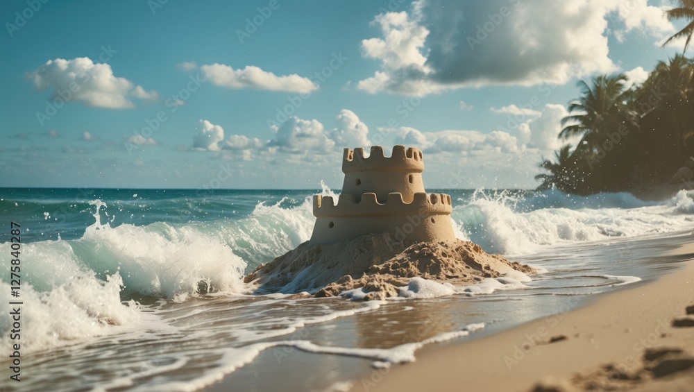 Aufkleber sandcastle on a beach eroded by ocean waves under a clear sky with empty space for promotional text 