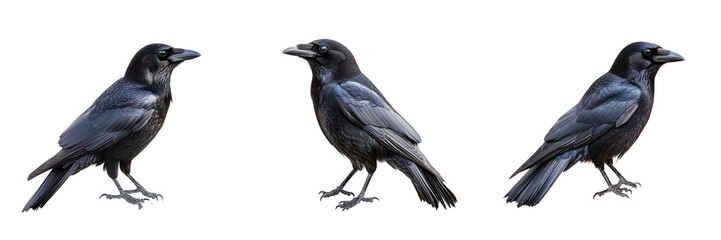Fototapeta premium Set of A solitary crow perched on an old wooden fence post in an empty rural landscape during autumn on transparent png background. Ai generated