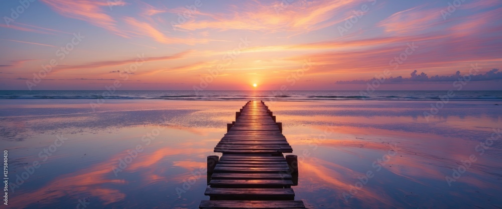 Poster serene sunset view with wooden jetty extending into calm waters reflecting vibrant colors and empty 