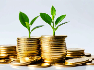 Isolated Gold Coins with Plant 