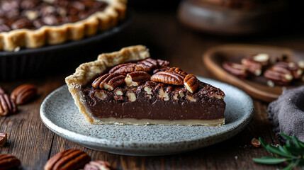 Delicious Slice of Homemade Pecan Pie Ready to Eat, Ideal for Thanksgiving Celebration