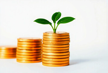 Isolated Gold Coins with Plant 