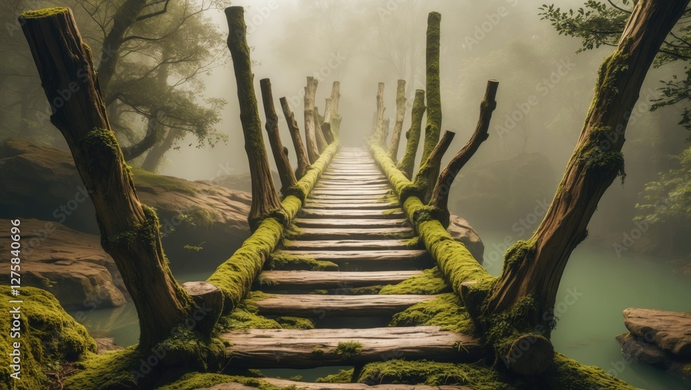 Poster rustic tree trunk bridge surrounded by nature in misty landscape with empty space for text and organ