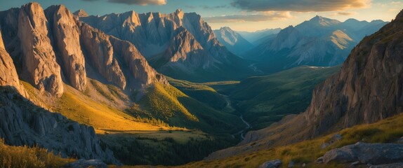 Fototapeta premium Majestic Mountain Landscape with Lush Valleys and Stunning Golden Hour Light in Untouched Wilderness