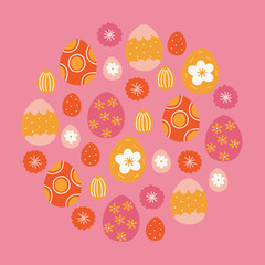 Easter greeting card with colorful eggs on pink background. Circle ornament. Perfect for seasonal holidays and spring decorations. Vector illustration