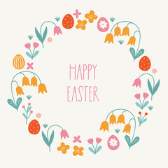 Easter greeting card with eggs and blooming flowers on white background. Perfect for spring holidays and decorations. Hand drawn frame, wreath
