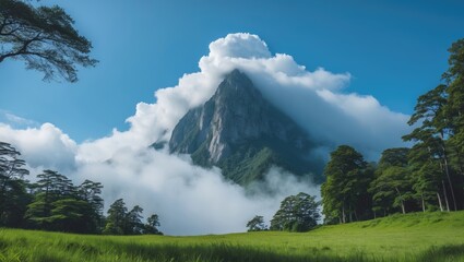 Majestic Mountain Peak Enveloped In Clouds Surrounded By Lush Forest And Grass Under A Bright Clear Blue Sky Capturing Nature's Splendor