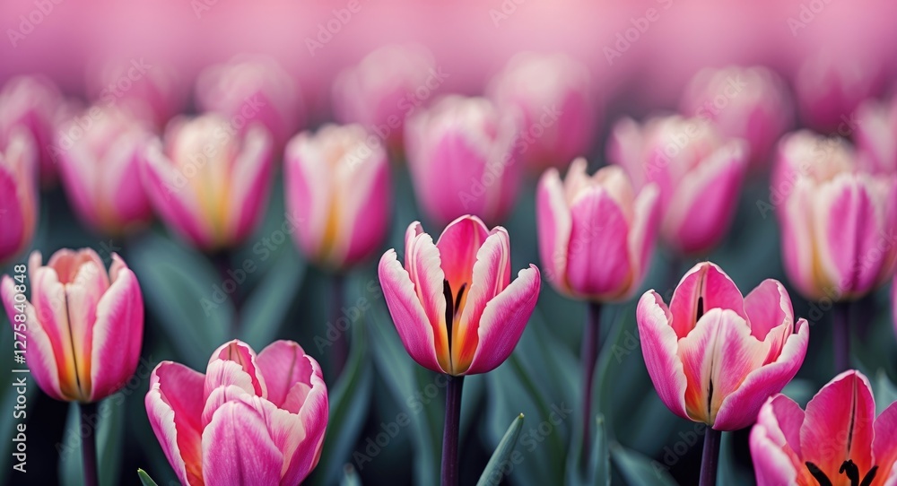 Poster close-up of vibrant pink tulip petals in selective soft focus creating a serene floral atmosphere wi