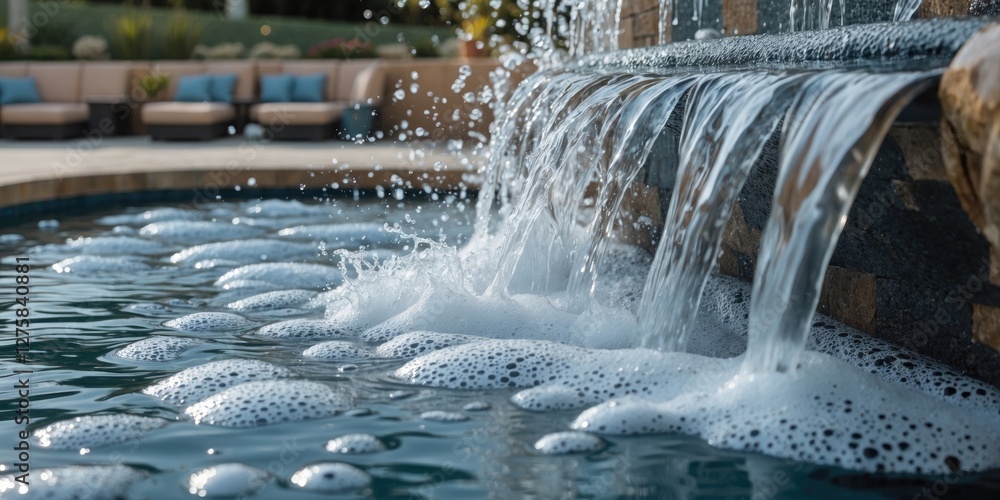 Poster close up of a waterfall cascading into a serene pool, creating bubbles and foam with a stylish seati